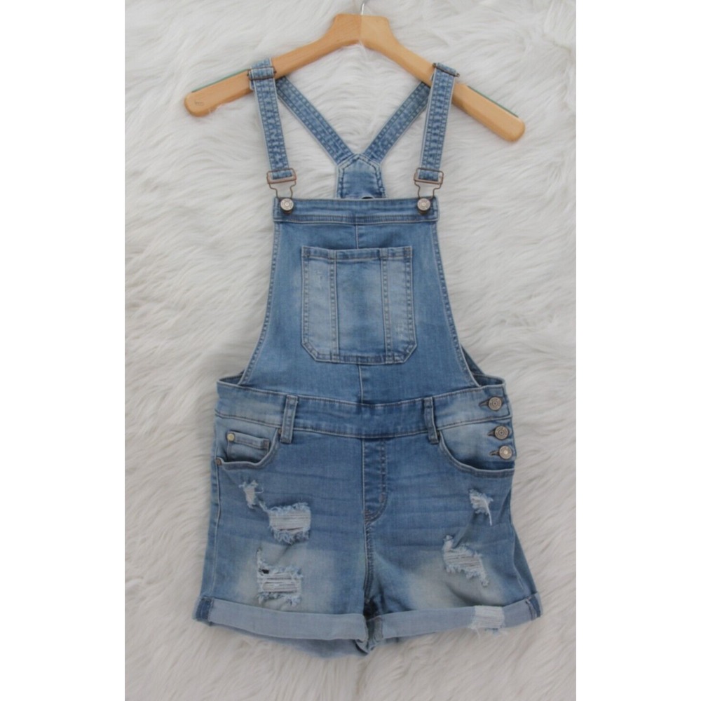 ENJEAN Denim Collection Cut Off Bib Overalls Shorts Distressed Romper M #1250